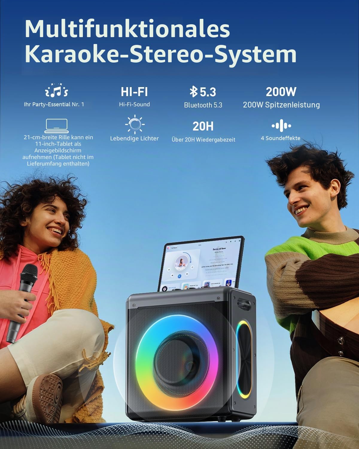 Karaoke Maschine mit 2 mikrofonen, wiederaufladbaren Mikrofonen: Tragbarer Bluetooth-Lautsprecher für Erwachsene und Kinder – PA-System mit Lichteffekten, unterstützt TWS/TF-Karte/USB/AUX