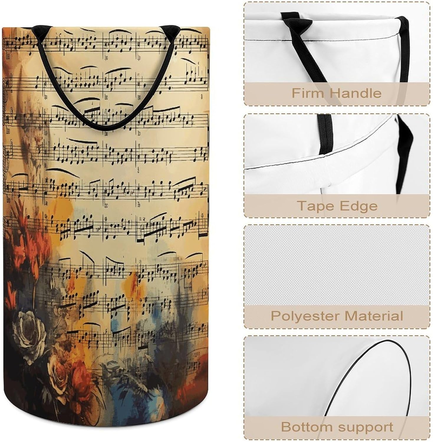 Vintage Music Note Laundry Basket 86L Laundry Hamper | Collapsible Clothes Hamper with Reinforced Handles Waterproof Tall Foldable Dirty Clothes Basket for Hotel, Home, Closet
