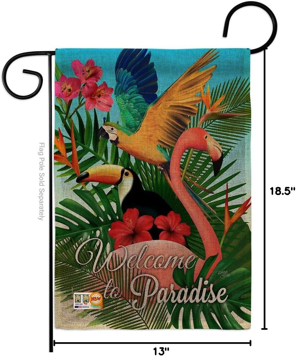Tropical Bird Paradise Burlap Garden Flag Summertime Ocean Beach Seashells Pineapple Outdoor Summer Aloha Small Decorative Gift Yard House Banner Double-Sided Made In USA 13 X 18.5