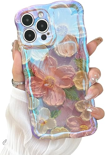Funda diseñada para iPhone 13 Pro Max para mujer, bonita forma de marco de onda rizada, pintura al óleo retro colorida con patrón de haz láser de