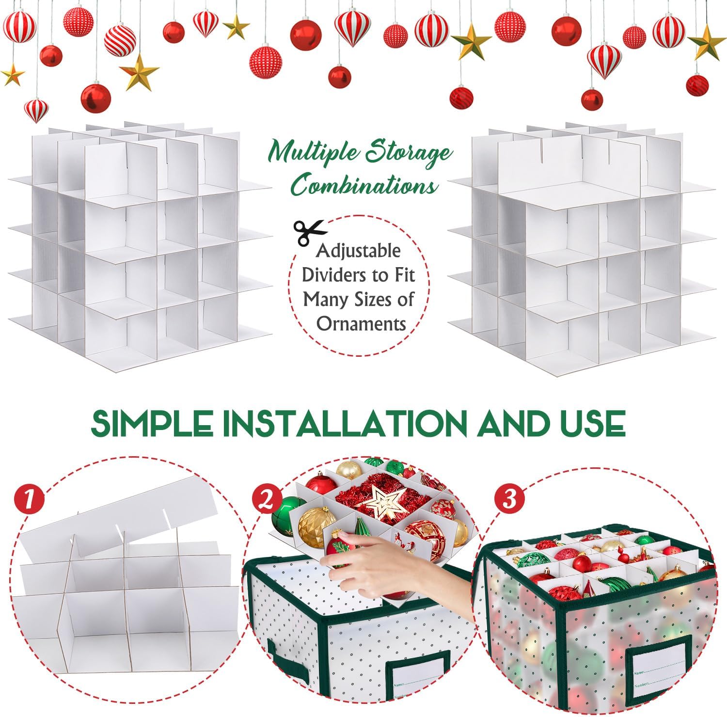 BINSUNS Christmas Ornament Storage Box, Christmas Storage Containers Organizer Bag with Dividers - Fits up to 64 Holiday Xmas Ornaments Decorations 3" Seasons Balls(Green) - Image 6