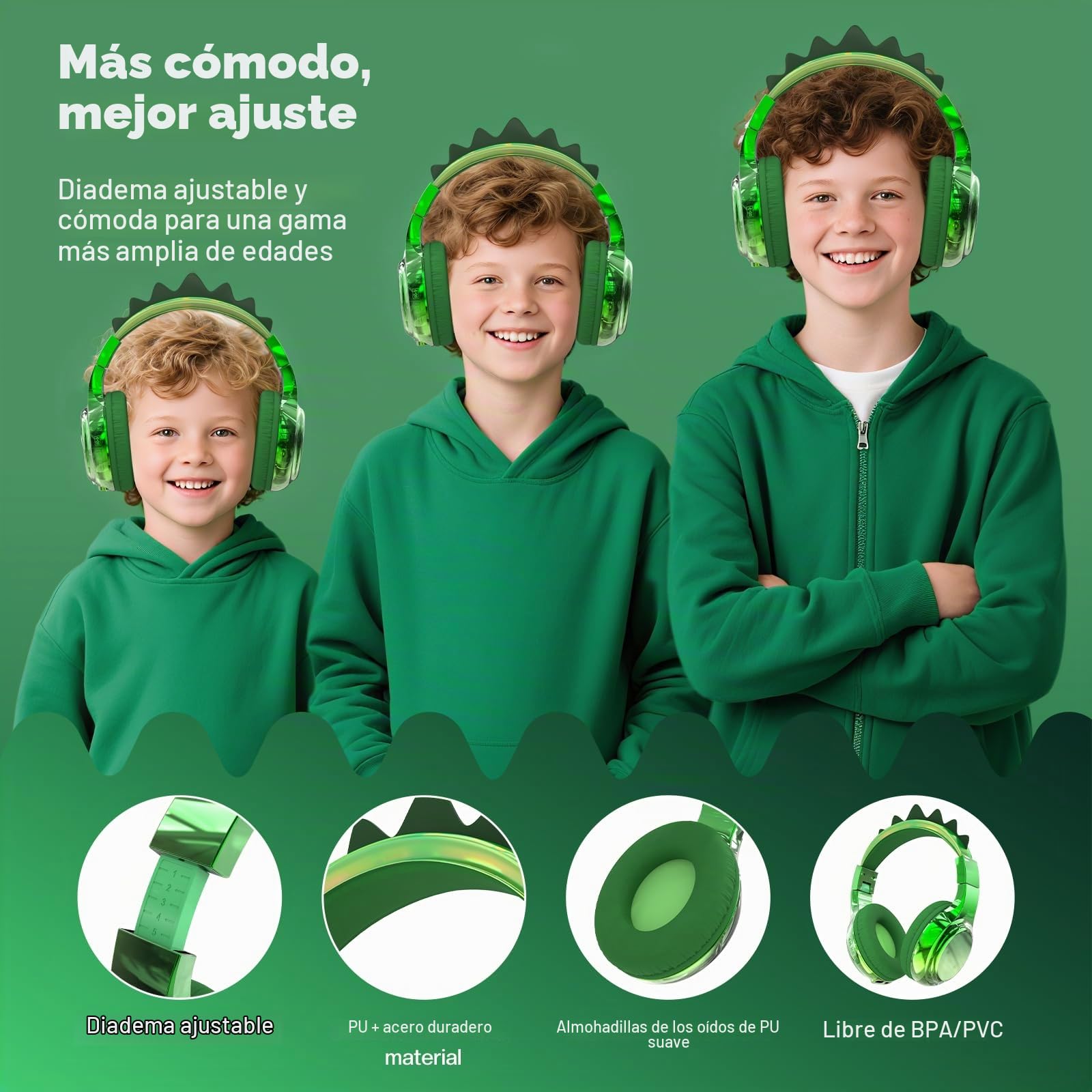 JYPS Auriculares Niños, Metálico Cascos Inalámbricos Bluetooth Niña, 40h Tiempo de Reproducción, 74/85/94dB Limitador Volumen, Bluetooth5.3, Auriculares Infantiles para iPad/Tablet (dinosaurio, verde)