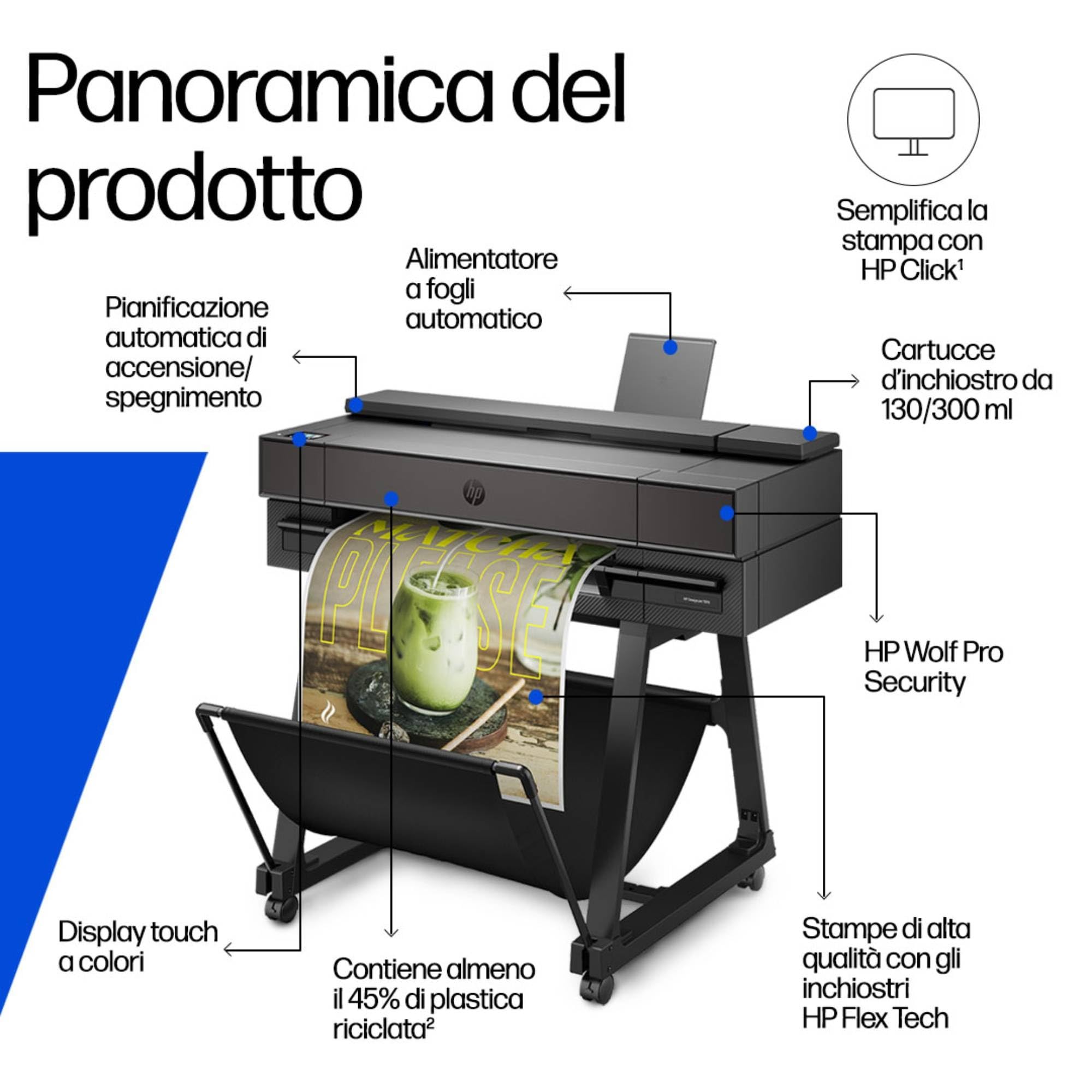 HP DesignJet T870, 61 cm (AM0X9A), Stampante grande formato, Plotter, Multi-formato A4–A1/D, Fino a 120 stampe A1/ora, Wi-Fi, Ethernet, USB, Flex Tech, garanzia 2 anni, Click, nero