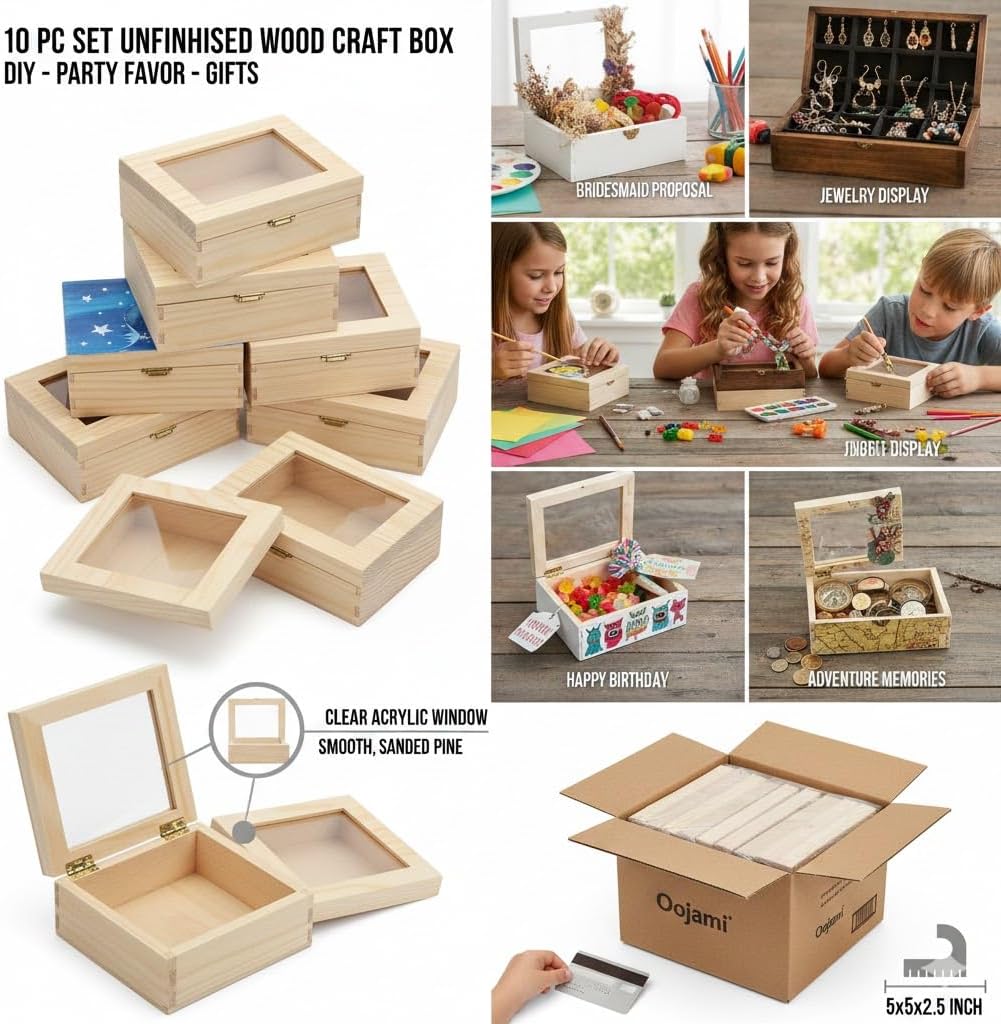 Oojami 10 Pack Unfinished Wood Craft Box with Window, Hinged Lid, 4.75x4.75x2.5 Inch Unpainted Wooden Boxes for DIY Arts and Crafts, Birthday Gifts, Party Favors, Keepsake