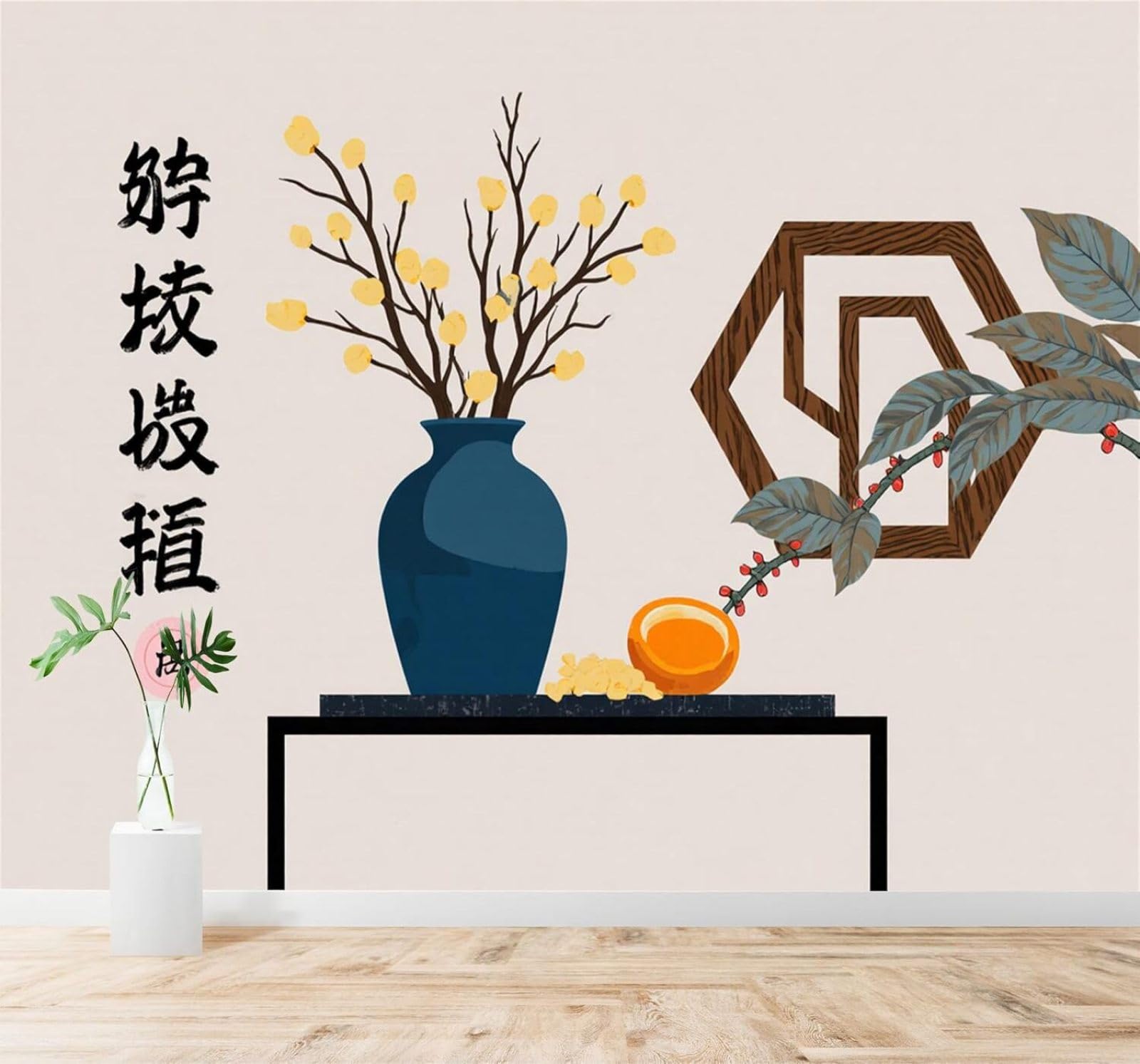 Xlming 150Cm×105Cm(B×H) Minimalist Blue Vase Plum Blossoms Leaves Art 3D Wallpaper Premium Textured Silk Study Dining Living Room Bedroom Sofa Tv Wall Easy Install-150Cm×105Cm