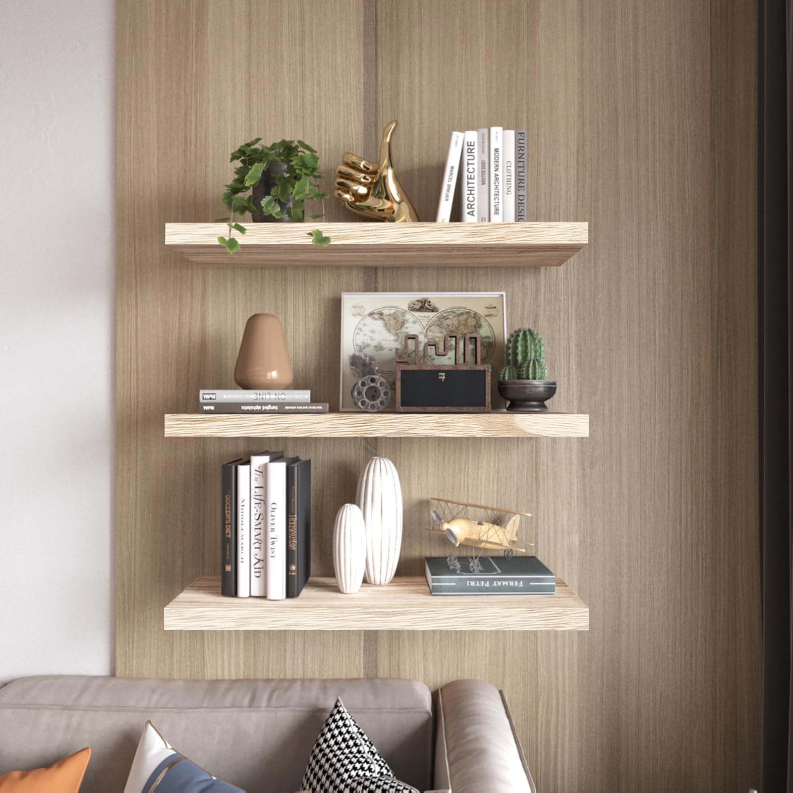 Kultilanda Floating Shelves 24 Inch Wall Shelf Solid Wood Mounted Storage for Bedroom Living Room Set of 3, Rustic Torched Wall Shelves