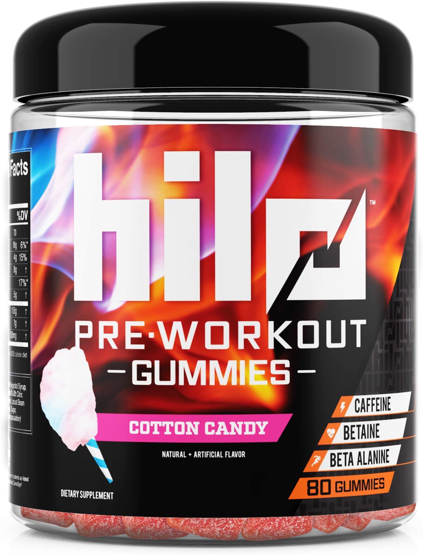 Hilo Pre Workout Gummies - Workout Booster with Caffeine, Beta Alanine and Betaine - Cotton Candy Flavor, 80 Count