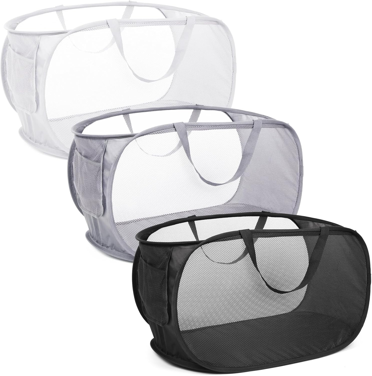 Durable Collapsible Laundry Baskets, Foldable Pop Up Laundry Basket, Mesh Clothes Hamper with Handy Pocket Reinforced Carry Handles for Laundry, Bathroom, Dorm, Travel Black+Grey+White