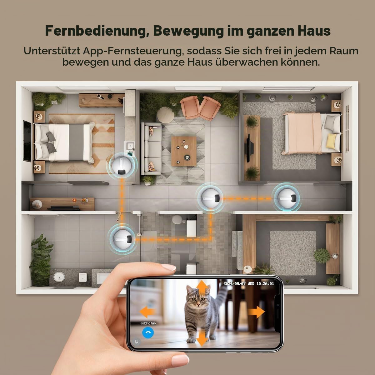 OBA Roboterkamera AI 360 Grad für Haustiere: Kippschutz 4 MP QHD, Akku 10000 mAh DH013 Rec MicroSD