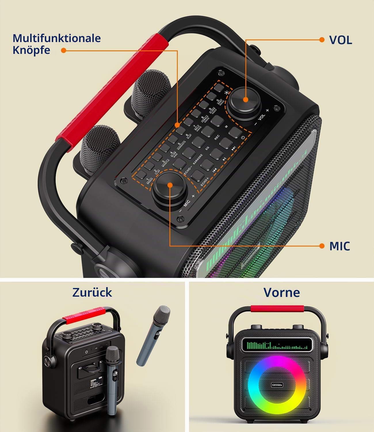 Karaoke Maschine für Erwachsene – Tragbare Anlage mit 2 Mikrofonen, Bluetooth/TF/USB/AUX/TWS, Lautsprecher & Mikrofon Kinder, Familie & Freunde
