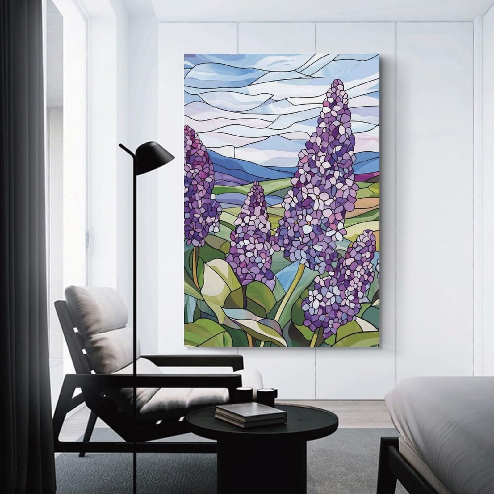 Junmoney Unframe-Style-10 Lilac Flowers In Stained Glass Room Decor Wall Art, 24X36inch(60X90cm), For Gallery Wall Decor And Room Displays, Decorative Artwork With Flexible Styling