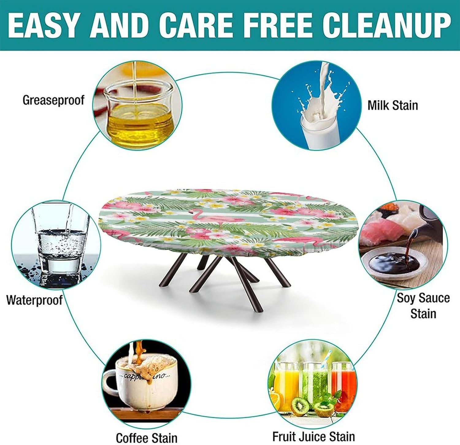 Elastic Edge Polyester Fitted Oval Tablecloth,Flamingo Decor Collection Flamingos with Exotic Hawaiian Leaves Wipe Clean Table Cloth, for Kitchen Dining Tabletop Decoration,Fits for 36 x 60”Oval table