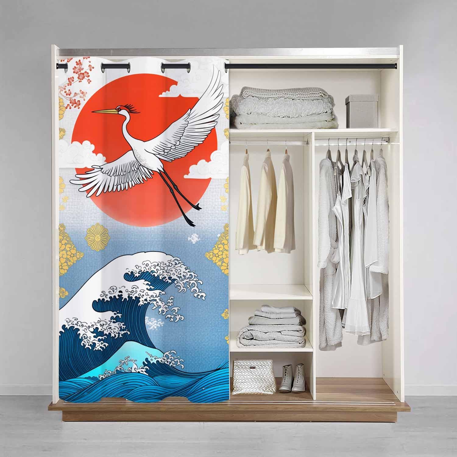 Japanese Wave Doorway Curtains Cherry Blossoms White Crane Cloud Sun Doorway Privacy Blackout Curtain Door Dividers Closet Door Cover Curtain 34" W X 80" L,1 Panel