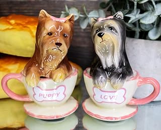 Ebros Ceramic Black And Tan Yorkshire Terriers Yorkie Pet Dogs In Teacups Salt And Pepper Shakers Set Puppy Love Figurines Party Kitchen Tabletop Collectible Decorative Accents