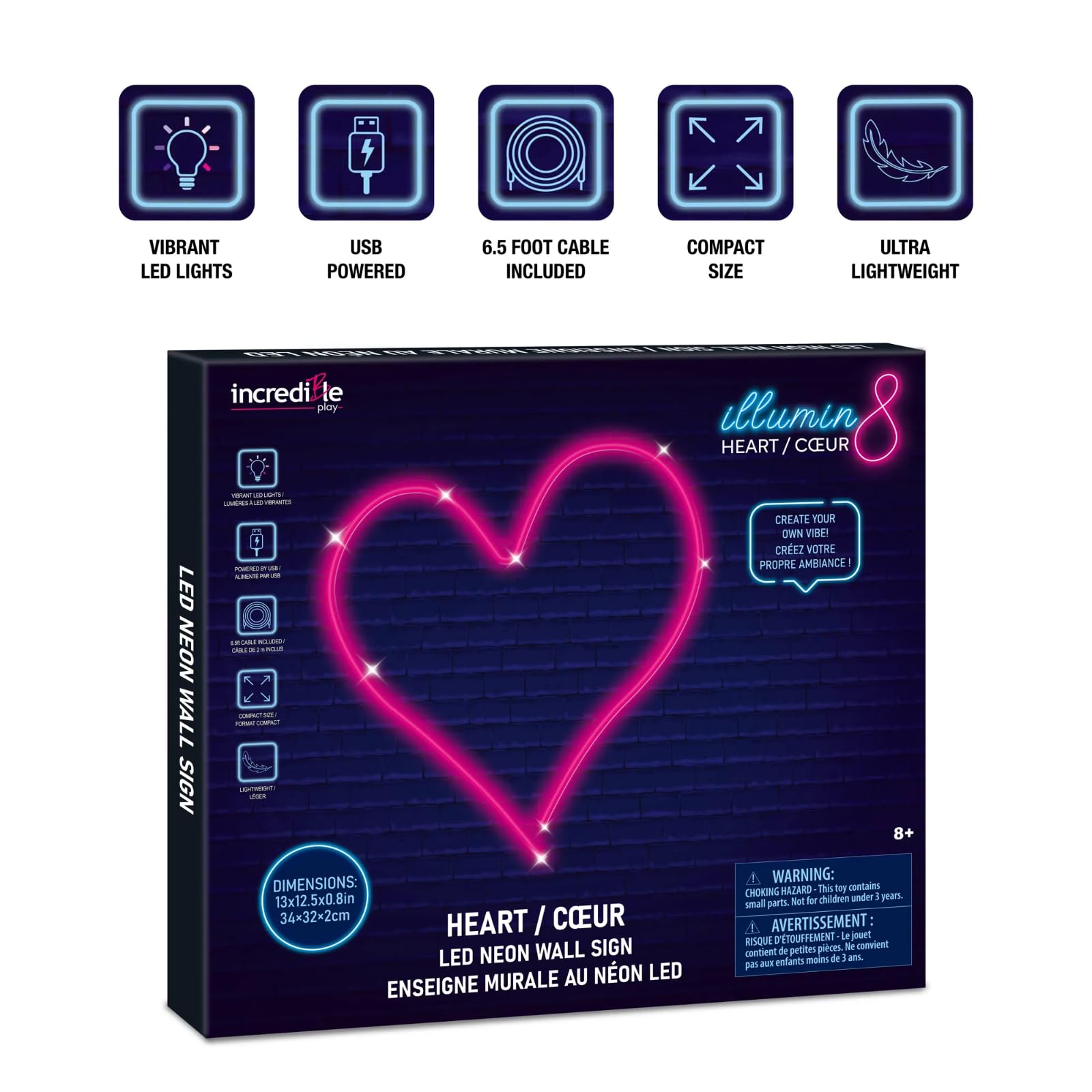 Incredible Novelties - Letrero de luz LED de neón en forma de corazón, 13 x 12.5 x 0.8 pulgadas, alimentado por USB, cable de 6.5 pies. No requiere herramientas. Peso ligero. Luces LED vibrantes