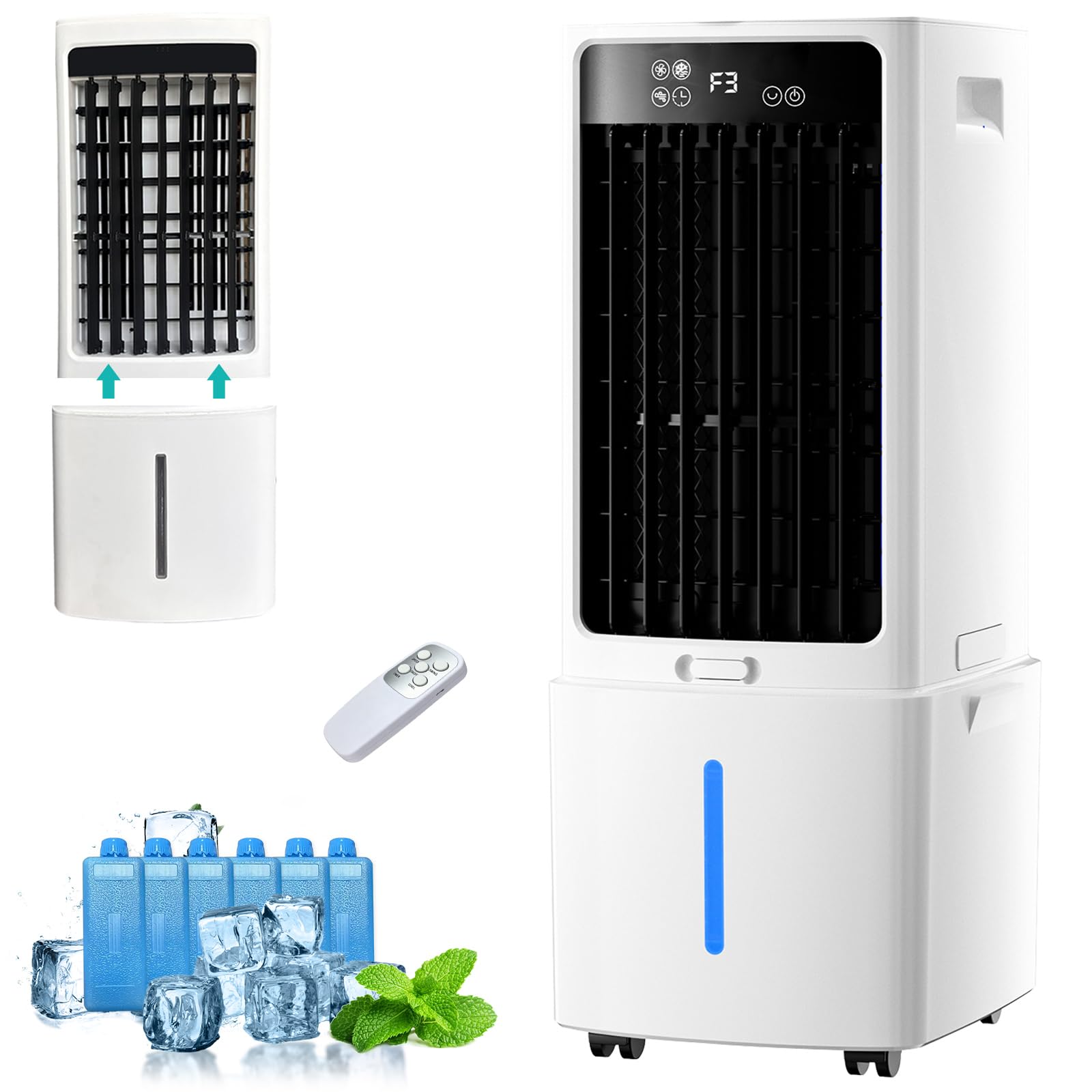 Climatizador Evaporativo 4 en 1 Bajo Consumo, 12L Portátil Sin Tubo 3 Velocidades, 6 Bloques de Hielo, Temporizador 12H, 75W Enfriador de Aire para Casa y Oficina