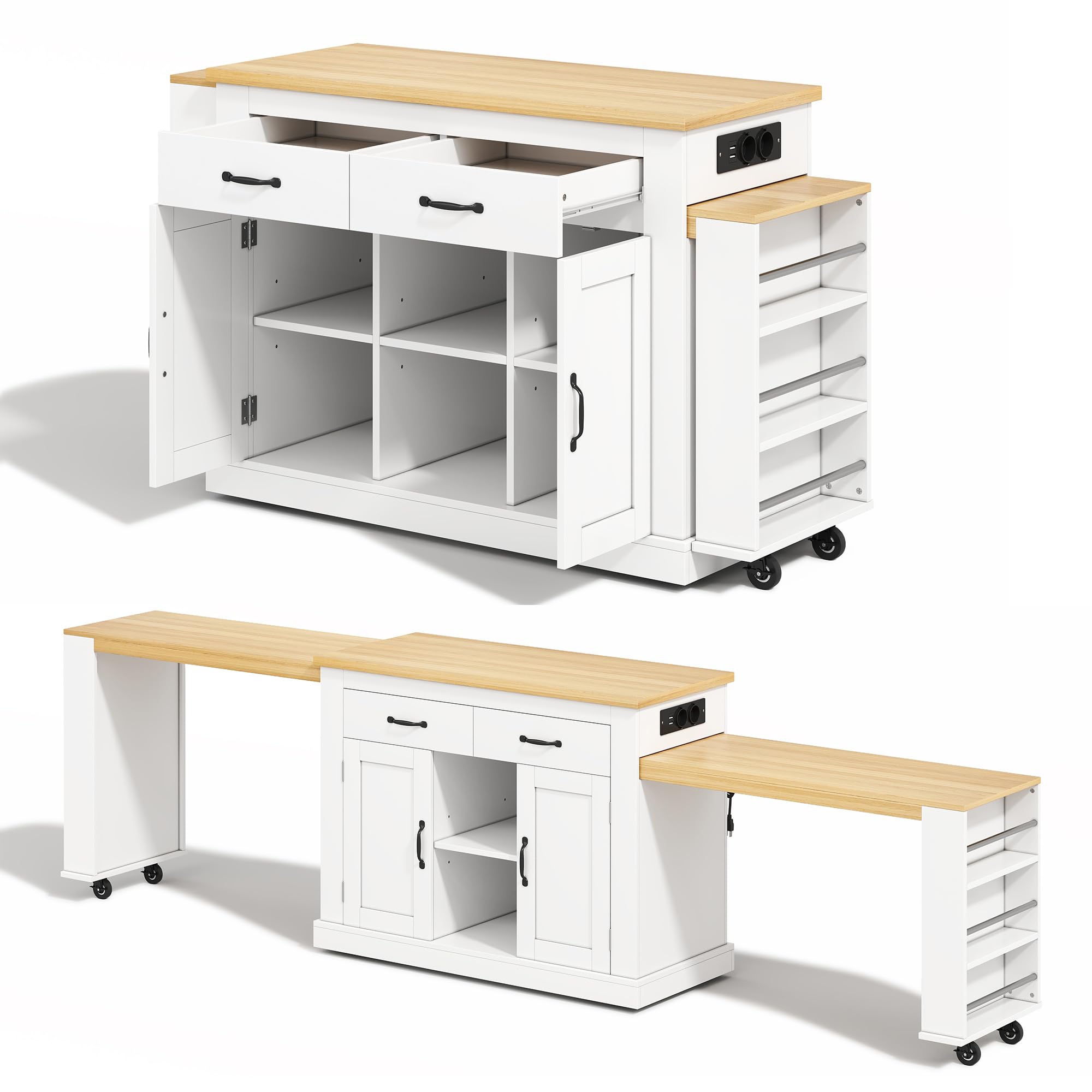 Isola da cucina con due piani di lavoro estensibili, elegante isola mobile, ripiani regolabili, 142 (massimo 340 cm) x 55 x 93 cm, adatta per cucina, sala da pranzo, soggiorno, ecc., bianco