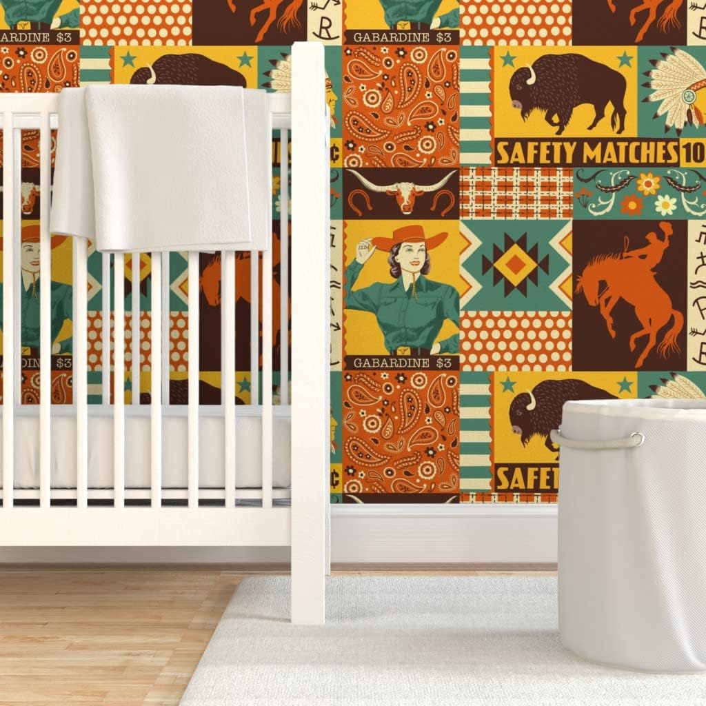Peel & Stick Wallpaper 6ft x 2ft - Vintage Retro Buffalo Western Cowboy Patchwork Custom Removable Wallpaper by Spoonflower