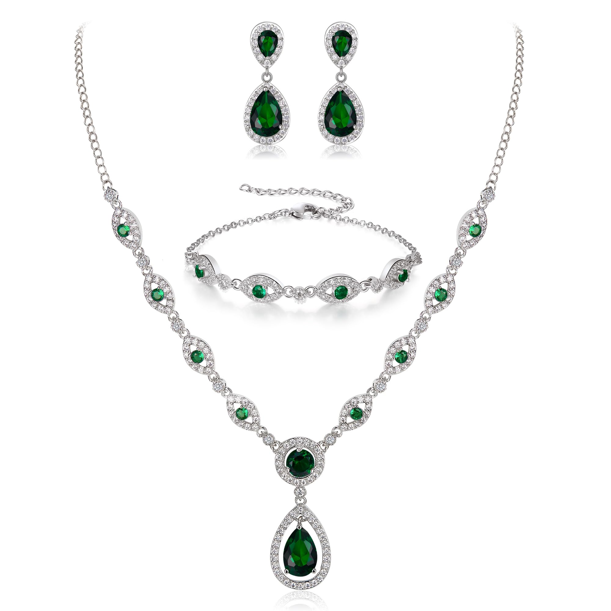 BriLove Wedding Bridal Jewelry Set for Women Cubic Zirconia Teardrop Y-Necklace Link Bracelet Dangle Earrings for Party Prom Accessories