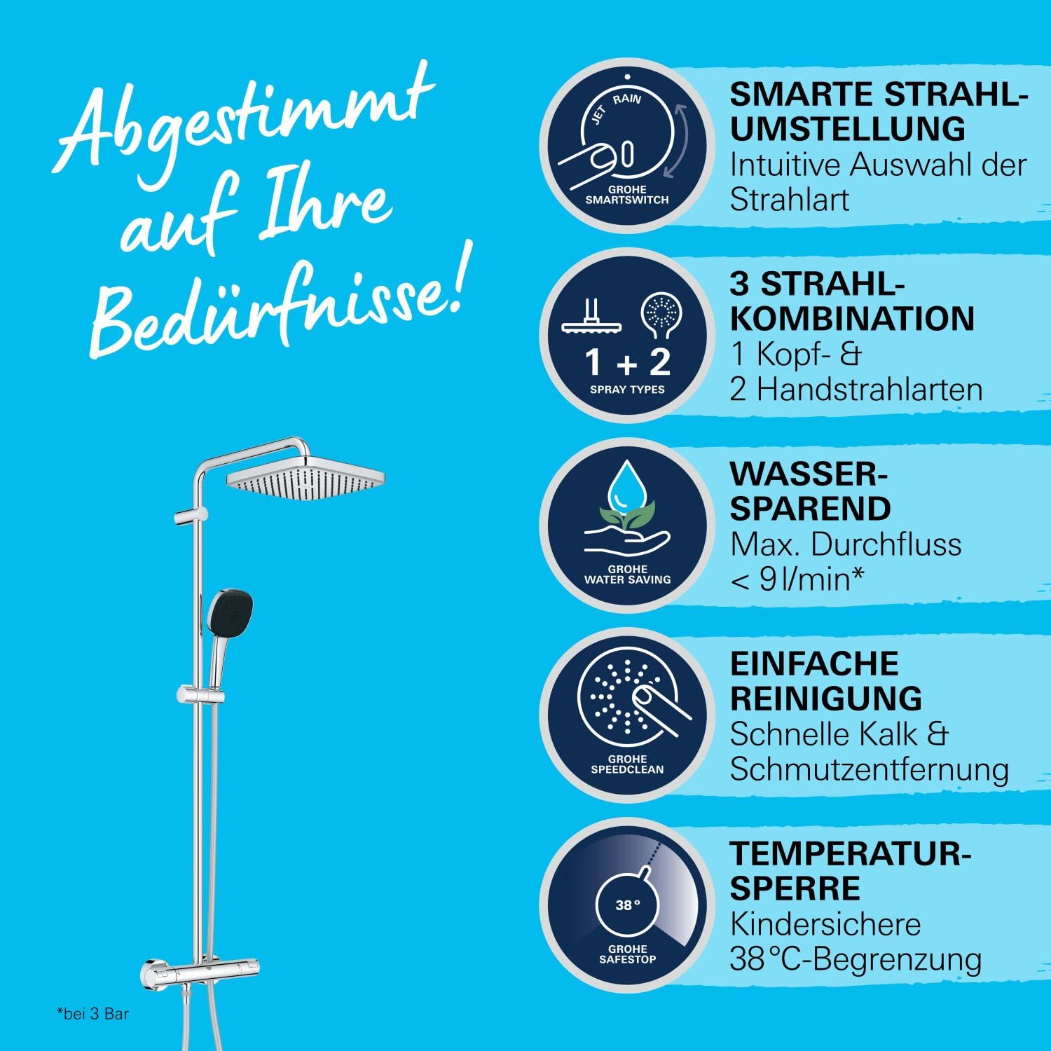GROHE Vitalio 250, Duschsystem wassersparend 8l pro Min (Regendusche mit Thermostat, schwenkbare Kopfbrause, Sicherheitssperre bei 38C°, Duscharmatur mit Antikalk-System), eckig, chrom, 26696001