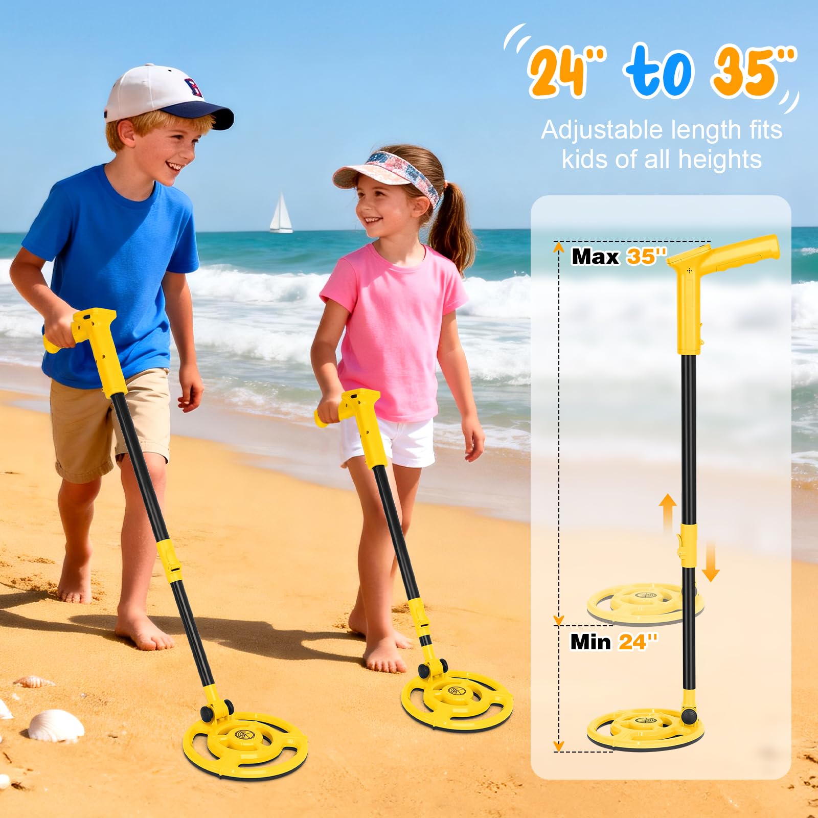 Détecteur de métaux pour enfants, rechargeable par USB, bobine de recherche étanche de 18,69 cm, poignée légère de 61 à 88,9 cm avec écran LCD pour exploration en plein air (jaune) | Détecteur de métaux pour enfants, poignée légère de 61 cm à 88,9 cm avec