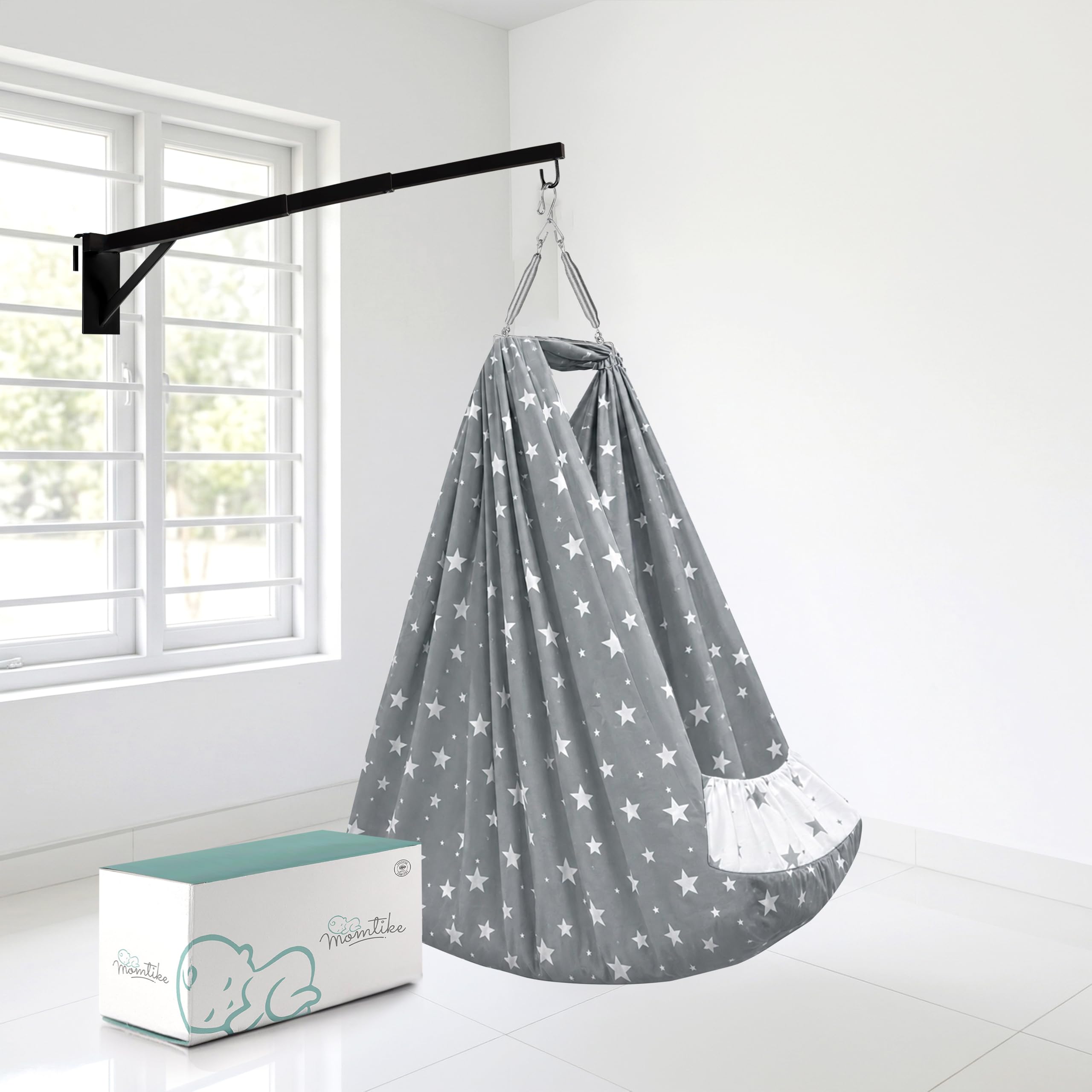 Cradle for Baby Swing for Newborns, Foldable Window Hanger with Sliding Lock, Hanger Spring, Mosquito Net & Mattress with Insert Pocket, Jhoola, Thottil, Joli, Jokali, Onjal (Grey Star)-image-20
