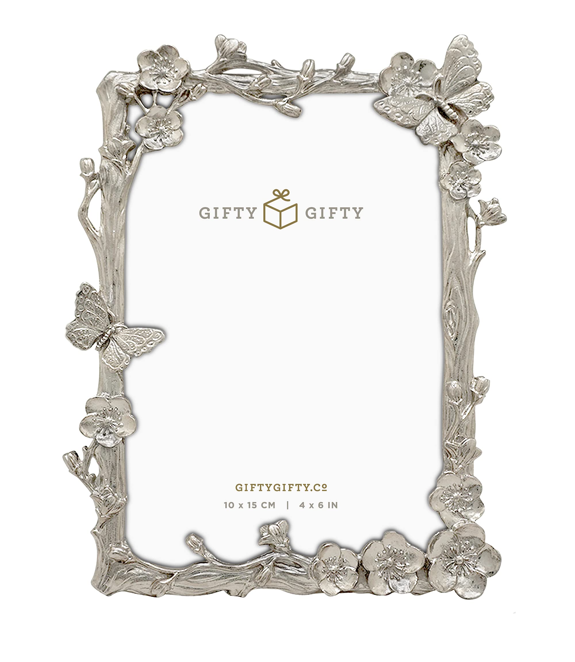 Butterfly Dance Photo Frame / 4x6 In | For Vertical Display on Tabletops | Perfect for Home Decor, Wedding, Vacation, Graduation, Or Any Milestone Photos (Silver)