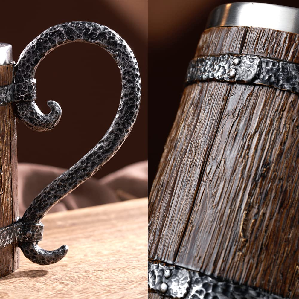 bssmmai Viking Wooden Barrel Beer Mug, Handgefertigter Holzfass-Bierkrug, Edelstahl Liner Vintage-Bierkrug 600 ml,mittelalterlicher Trinkbecher für Kaffee/Getränke/Saft für Männer