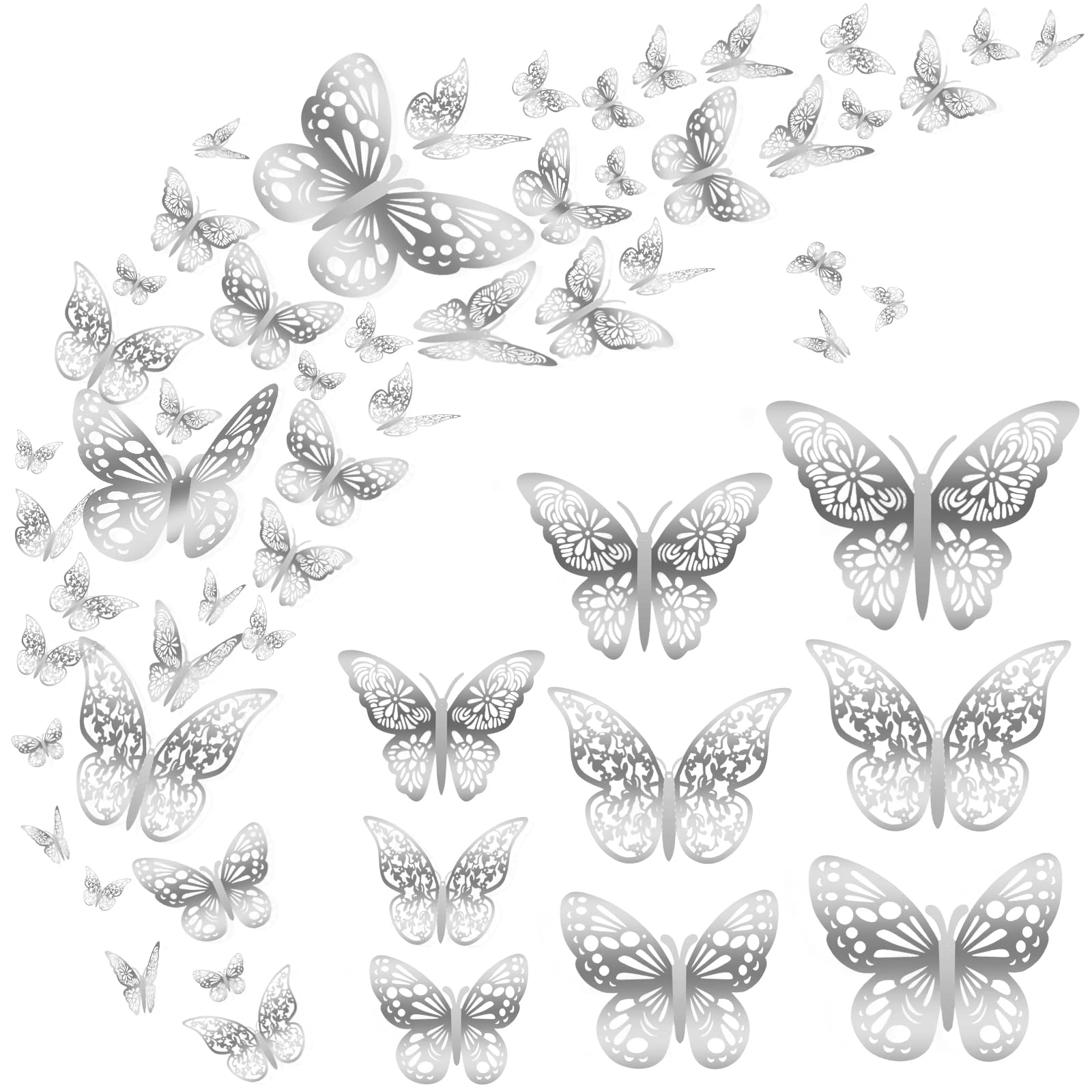 Nelotaor 72 Pcs 3D Butterfly Wall Decor, 3 Styles & Sizes, Silver, Wedding & Birthday Party Decorations