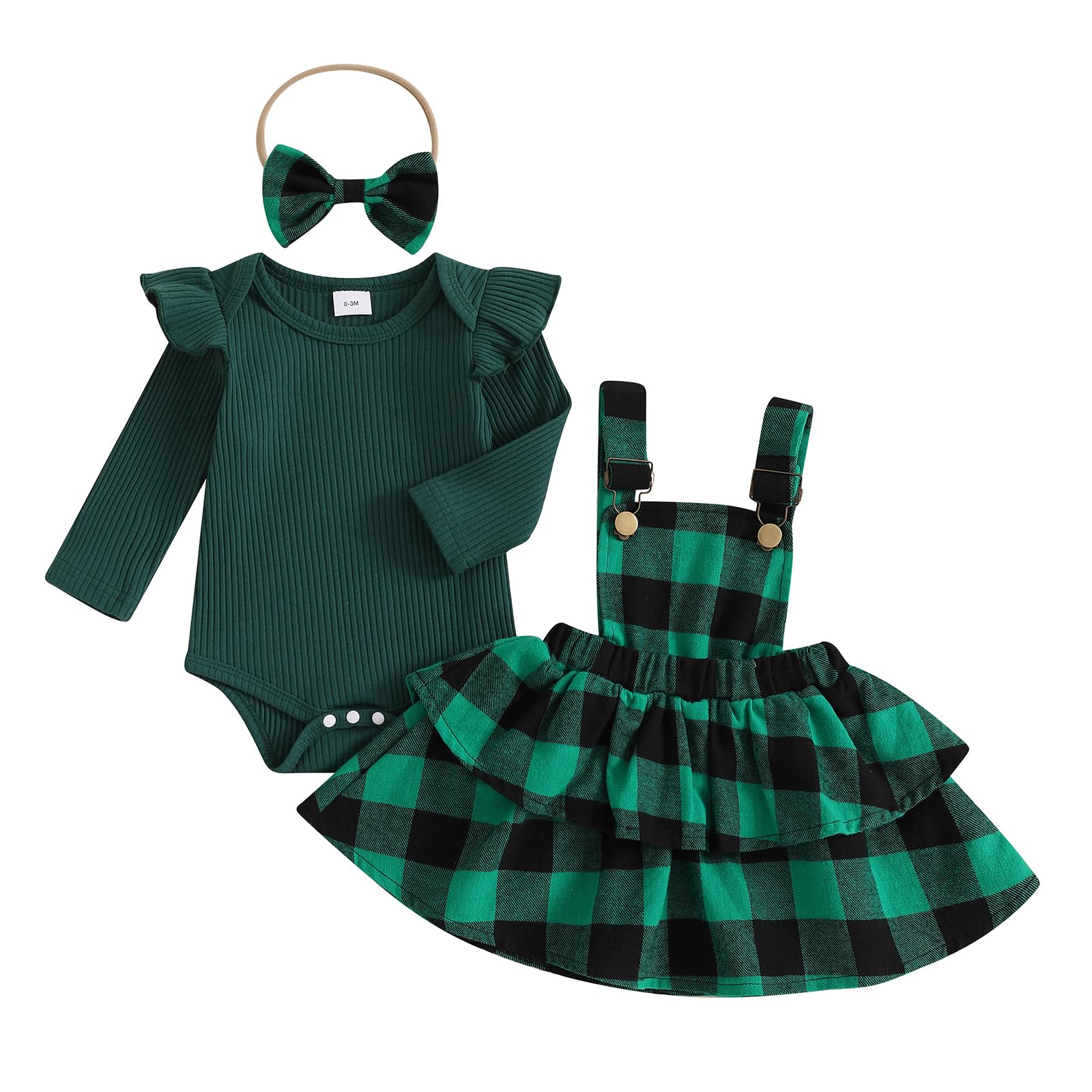 Thorn Tree Newborn Baby Girls Christmas Outfits Long Sleeve Onesie Romper+Plaid Suspender Skirts+Headband Fall Winter Set