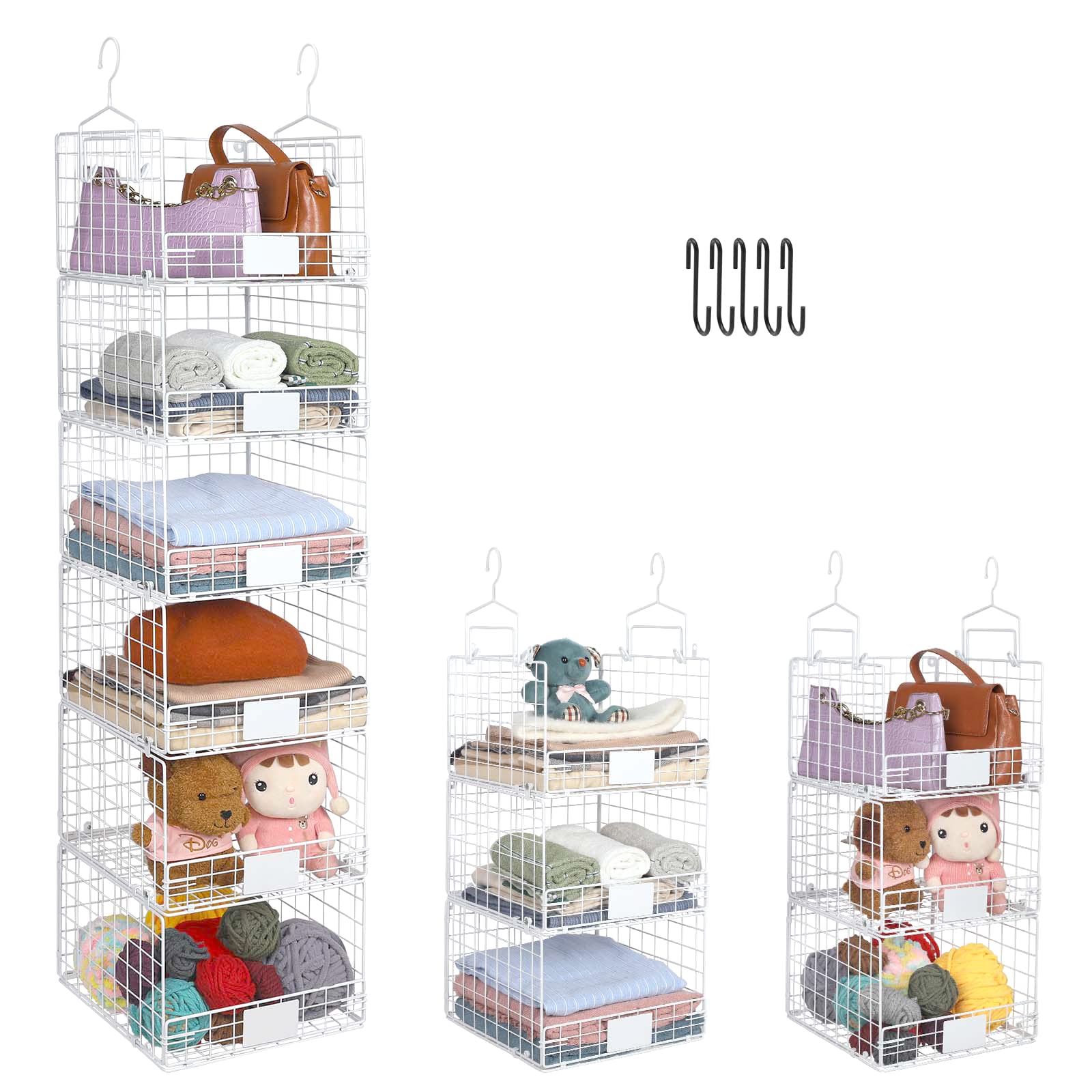 Jautokerdar 6 Tiers Hanging Closet Shelves Organizer with Name Plate S Hooks, Wall Mount&Cabinet Wire Storage Basket Bins, for Clothing Sweaters Shoes Handbags Clutches Accessories