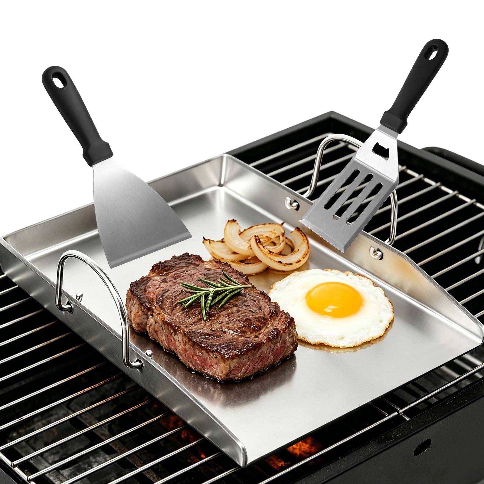 Piastra Plancha con 2 spatole per barbecue a gas e barbecue a carbonella, 40 x 30 x 4 cm, in acciaio inox, con manici rimovibili