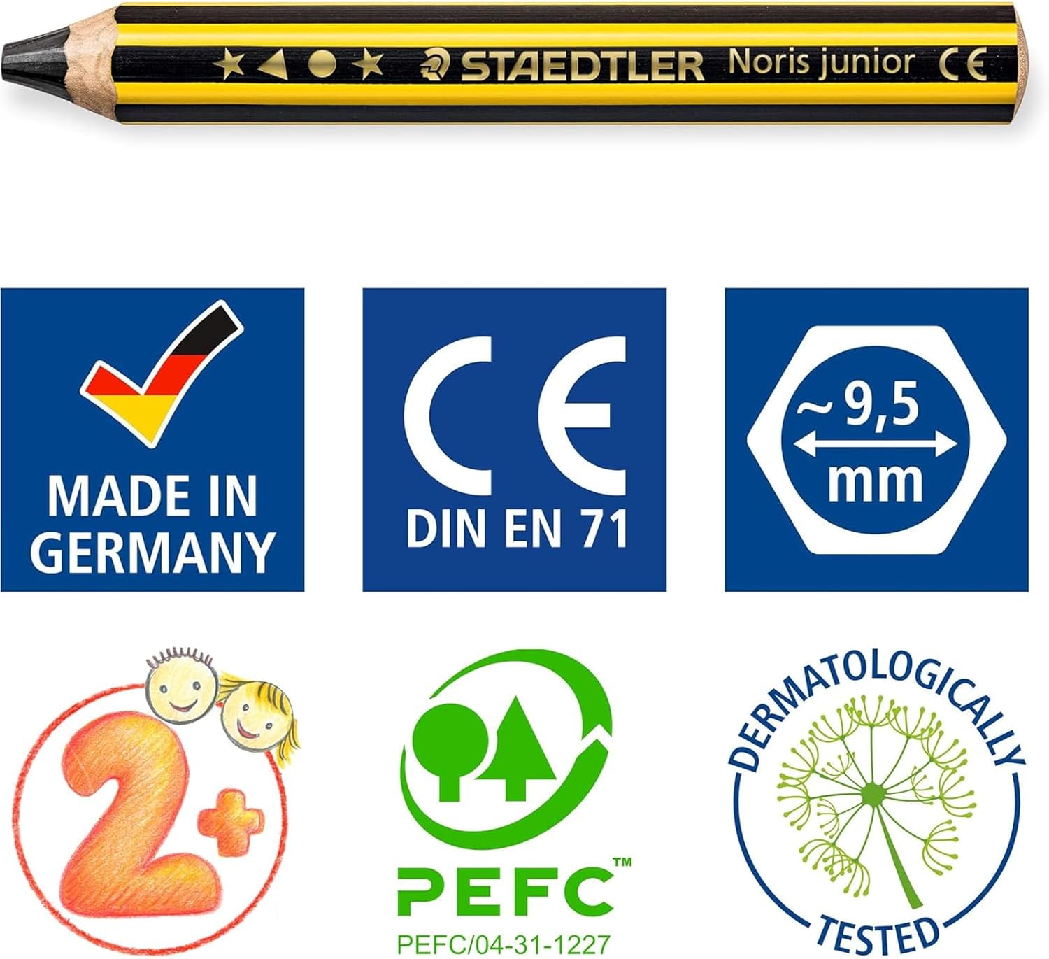 STAEDTLER Noris Junior 3-in-1 Colouring Pencils and Children's Pencil, Colourful, Wax and Watercolour Pencil, Very Thick Lead, Extra Shatterproof, Ideal for Children, 12 Colours, Sharpener and Pencil