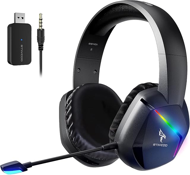 SOMiC 2.4G Wireless Gaming Headset for PS4, PS5, PC, with Detachable Mic and RGB Rainbow LED, Surround Sound, Bass, Over Ear Headphone with Game/Audio/Live Broadcast Sound Mode, Wireless/Wired Use