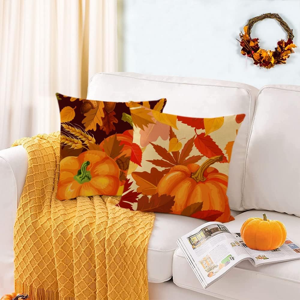 Set of 4 Fall Pillow Covers 16x16 in Fall Thanksgiving Pumpkins Decor Throw Pillows Covers Autumn Leaves Decorative Home Outdoor Sofa Couch Pillow case for Fall Theme Decorations image 4