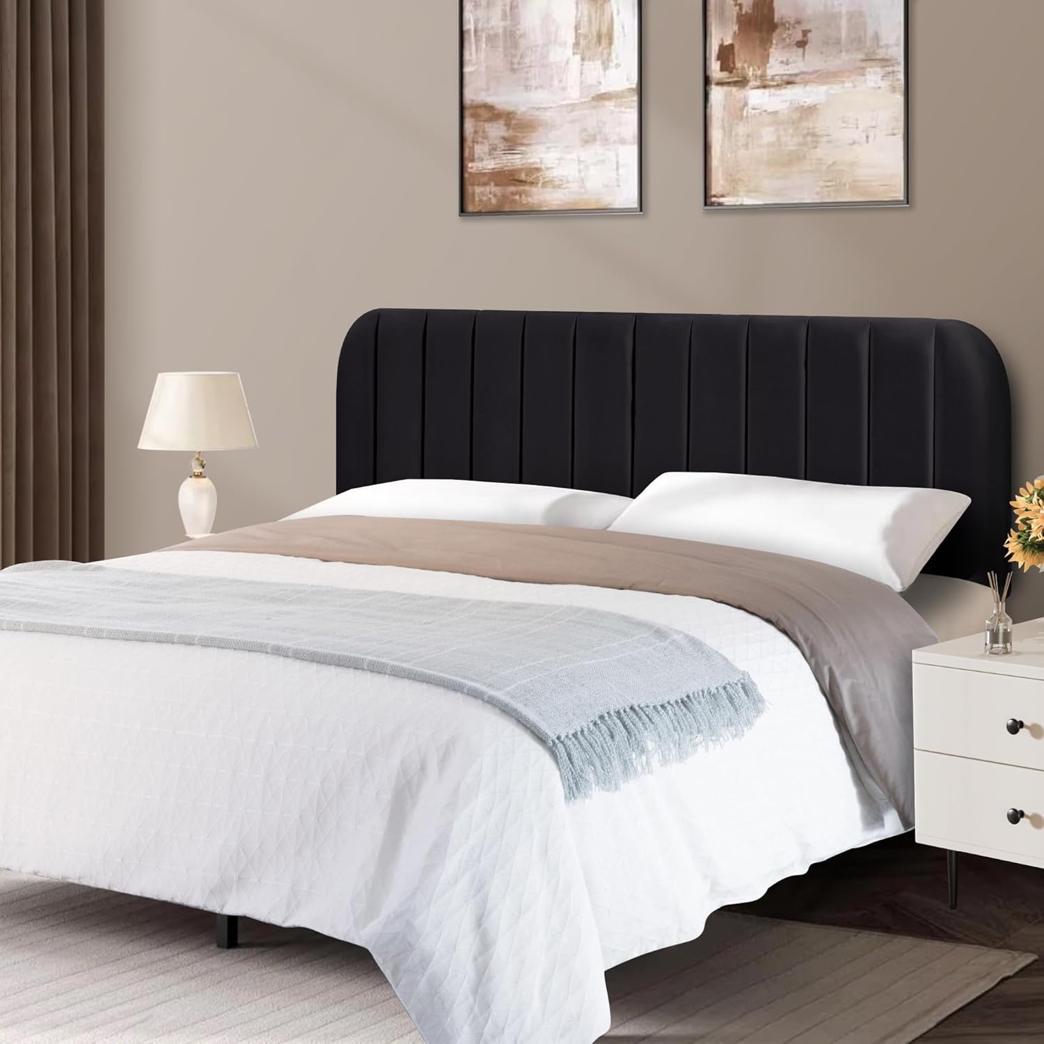 King Headboard Only - Upholstered Headboard for Bed, Easy Assembly, Velvet Covered Sponge, Place Between Bed & Wall, Adjustable Metal Legs with Non-Slip Pads, Black