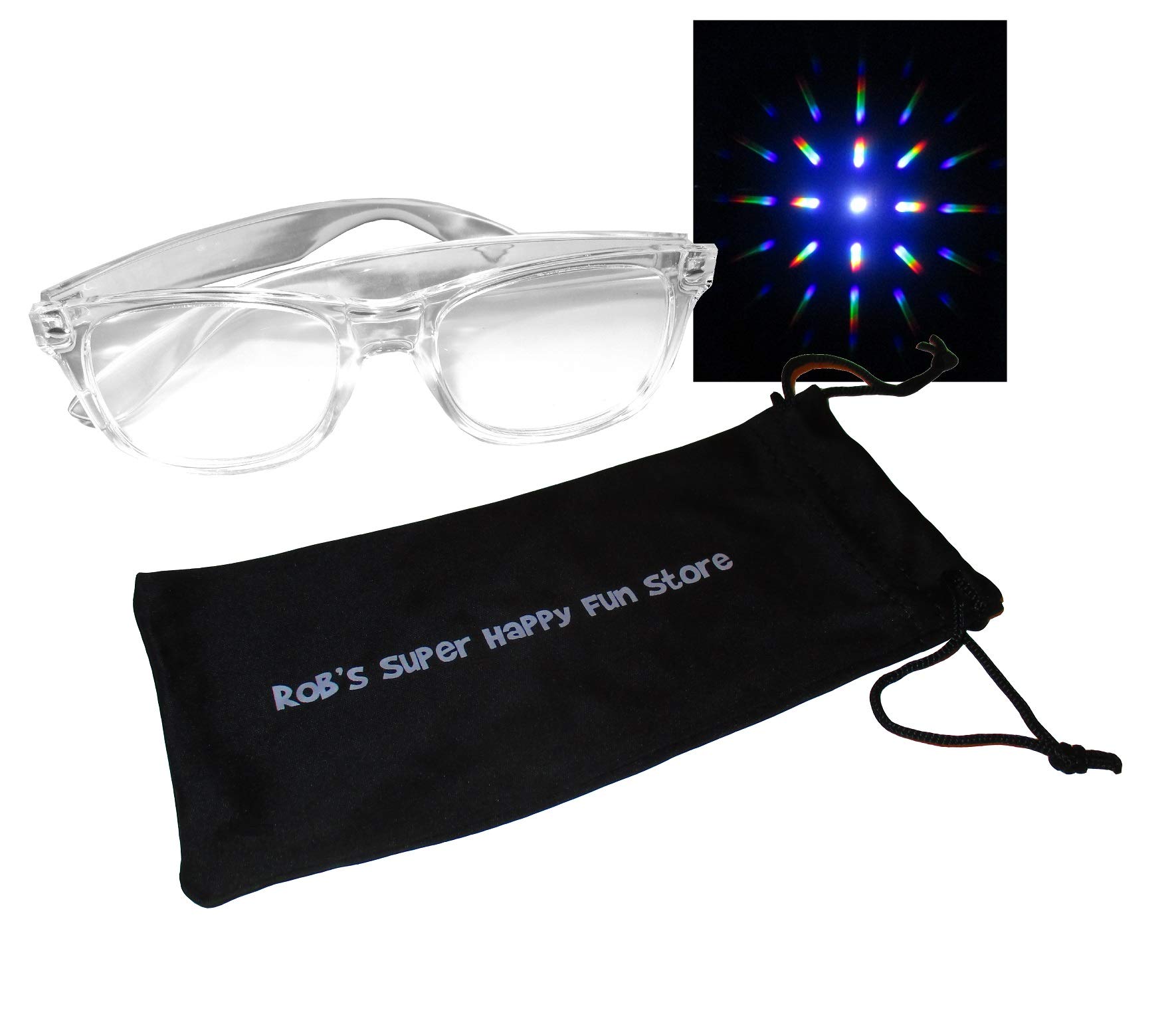 Fireworks Diffraction Glasses - Clear Plastic Transparent Frames with Exclusive Storage Pouch