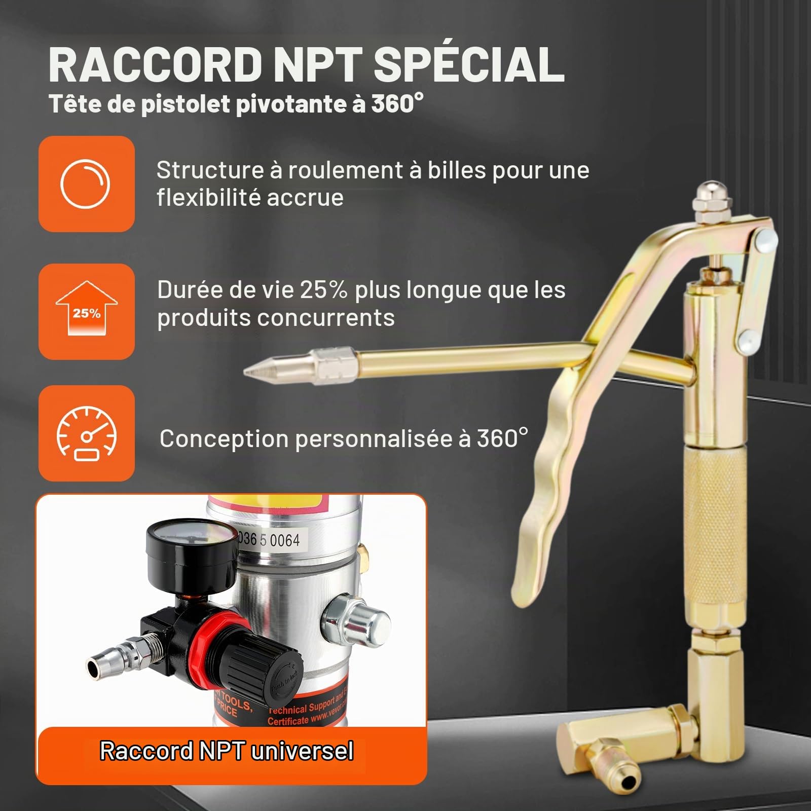 VEVOR Pompe à Graisse Pneumatique Rapport Pression 50:1 Pompe à Seau de Graisse Pneumatique avec Tuyau 4 m et Pistolet à Graisse Pompe à Graisse de Lubrification avec Tête de Pistolet à Graisse 360°