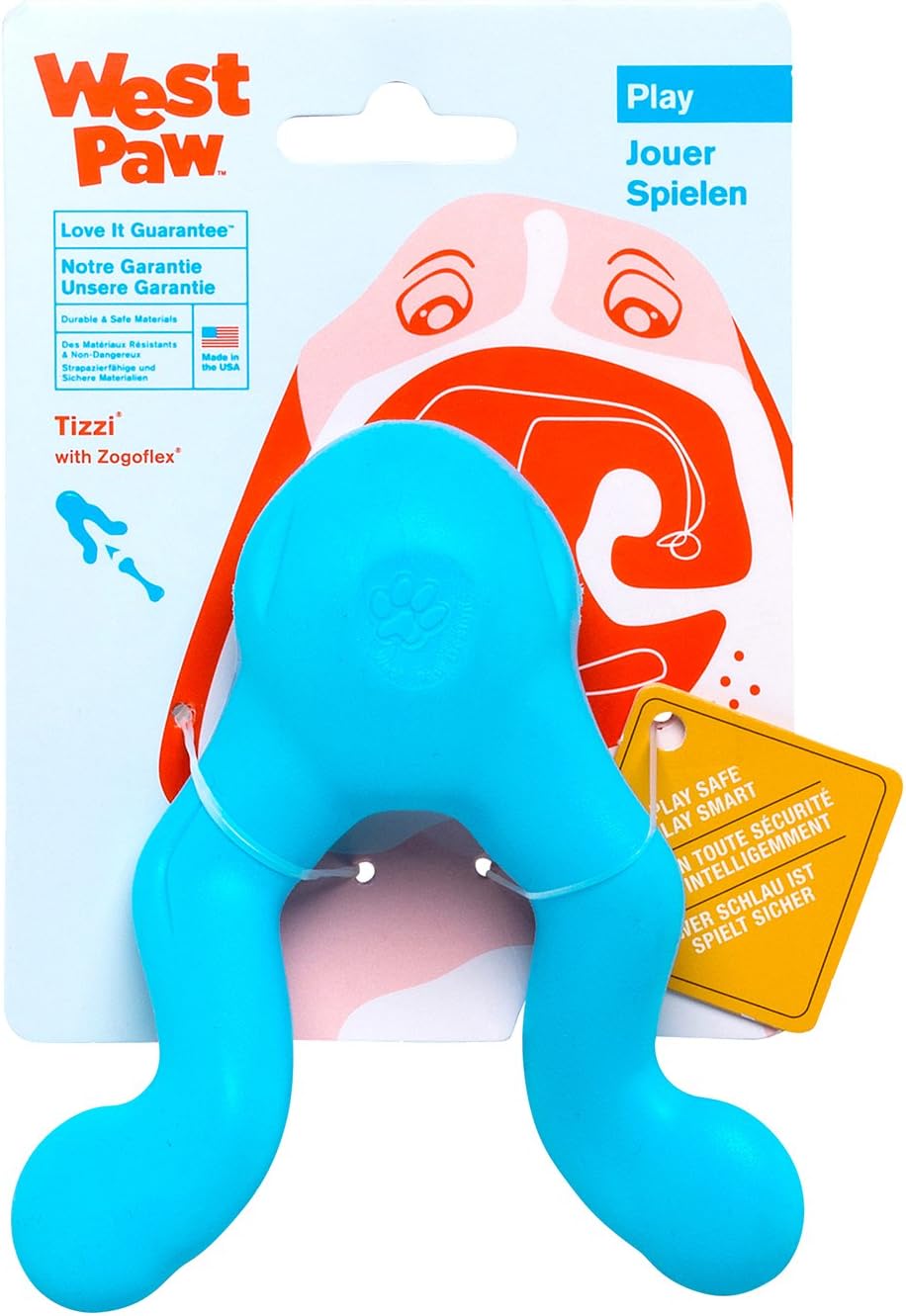 WEST PAWZogoflex Tizzi Treat Dispensing Dog Toy – Interactive Play Toy for Dogs, Puppies – Floatable, High-Flying Dog Toys for Fetch, Catch, Tug of War, Recyclable, Dishwasher Safe, Small, Aqua Blue