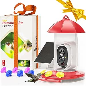LongPlus® Hummingbird Feeder with Camera for Outdoors Solar Panel,Smart Bird Camera with 2K Live Video,Ant Guard Pole Base,AI Identify Bird Species,Ant Moat,Bee Proof with 3 Feeding Ports,Gifts Ideal asin的图片