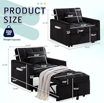 Sleeper Chair Bed, Convertible Single Sofa Chair Bed with Pillow, Pull Out Sleeper Bed with Adjustable Backrest, Multi-Functiona Lounge Chair for Living Room, Apartment, Office