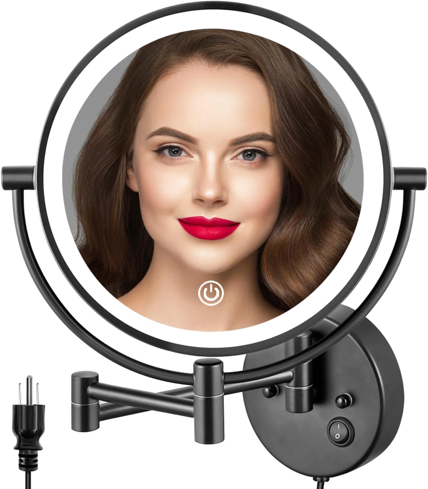 9" Wall Mounted Lighted Makeup Mirror, Large Double Sided 1X/10X Magnifying Mirror with 3 Color Lights Dimmable, 360° Rotation, Black