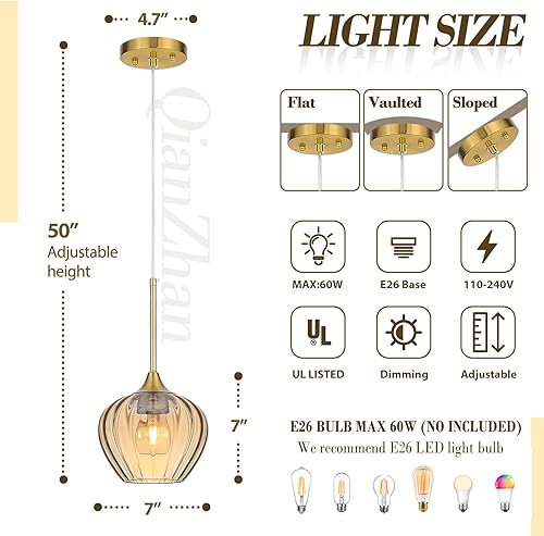 Miniatura 3 de Paquete de 2 colgantes de cristal ámbar, 7 pulgadas, modernas, doradas, vintage, mini lámpara colgante de techo para cocina, isla, comedor, baño,