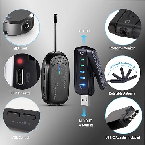 Miniatura 5 de Alvoxcon - Micrófono de solapa inalámbrico para computadora sistema de micrófono USB dual lavalier para Android PC laptop altavoz podcasting vlog