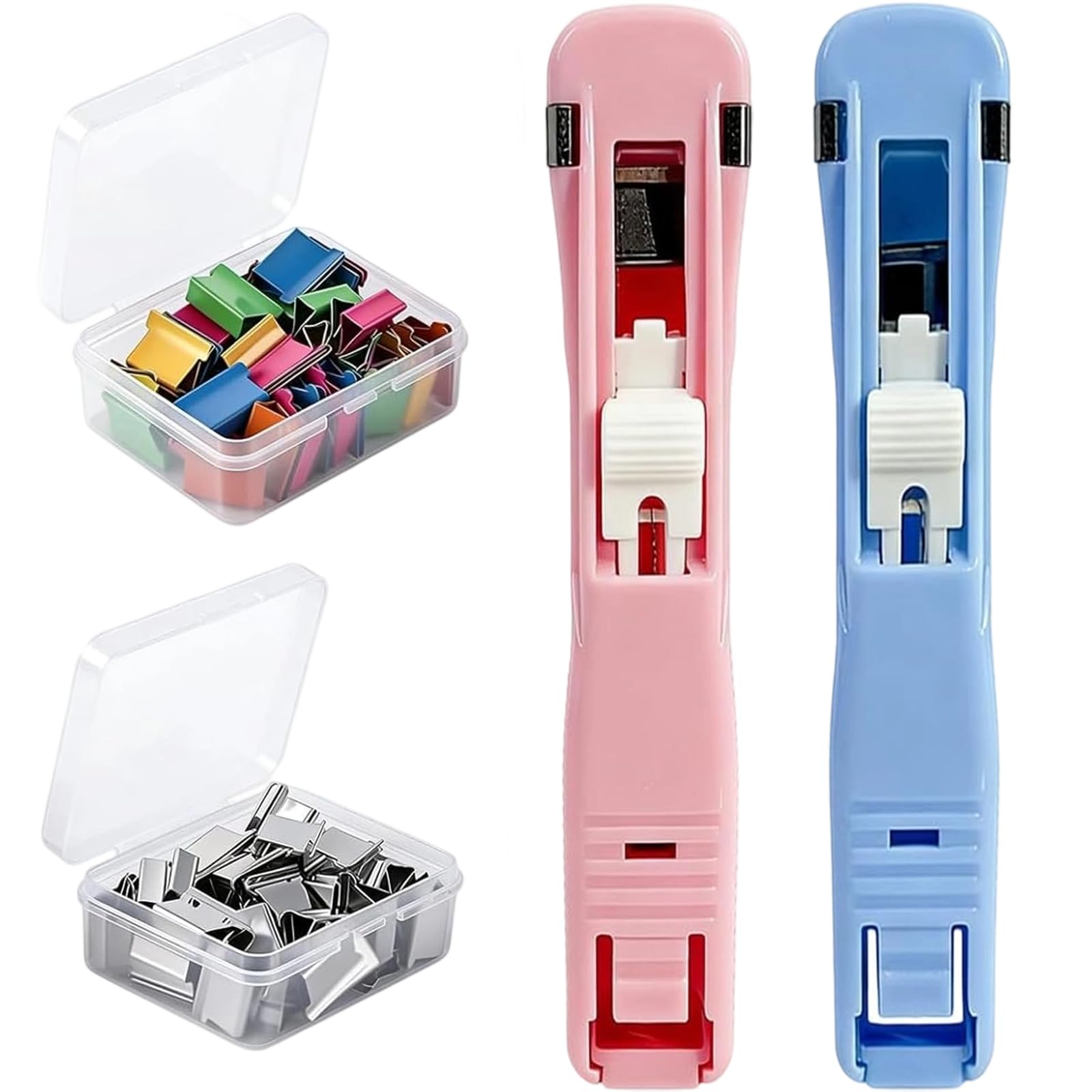Portable Binder Clip Stapler - Includes 100 Reusable Clips, Handheld Paper Binder Clip Dispenser for Desk Document, Metal Office Supplies in Clear Box for Home Organization School (2PCS-LB+P)