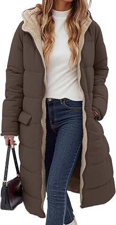 ECOWISH Women Winter Puffer Jacket - Reversible Fur Fleece Lined Hood Zip Sherpa Coat Parka Padded Long Outerwear