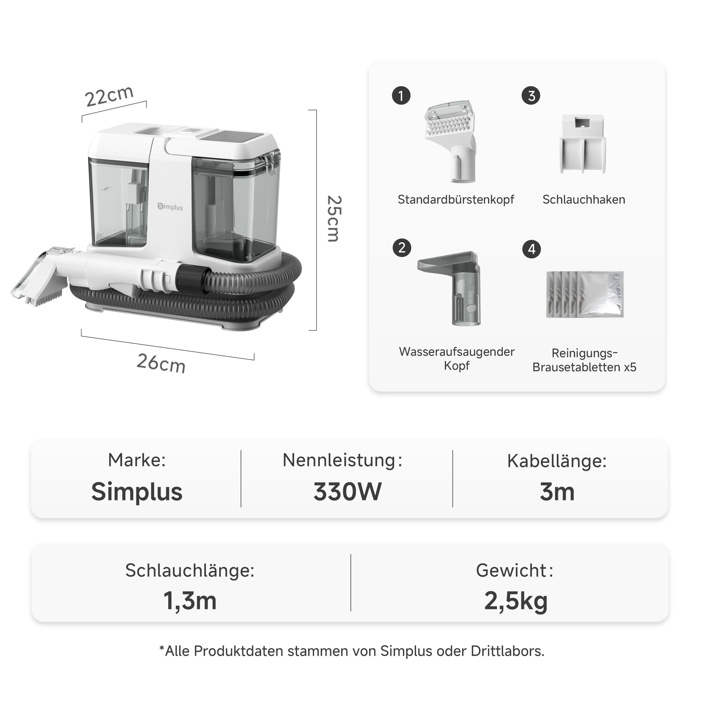 SIMPLUS Polsterreiniger Gerät 12000Pa, kompakter Waschsauger mit 2-Tank-System, Sprüh- & Saugfunktion, Nasssauger für punktuelle Fleckenreinigung auf Sofa, Polster, Teppich & Auto, 2,5 kg, 2 Bürsten