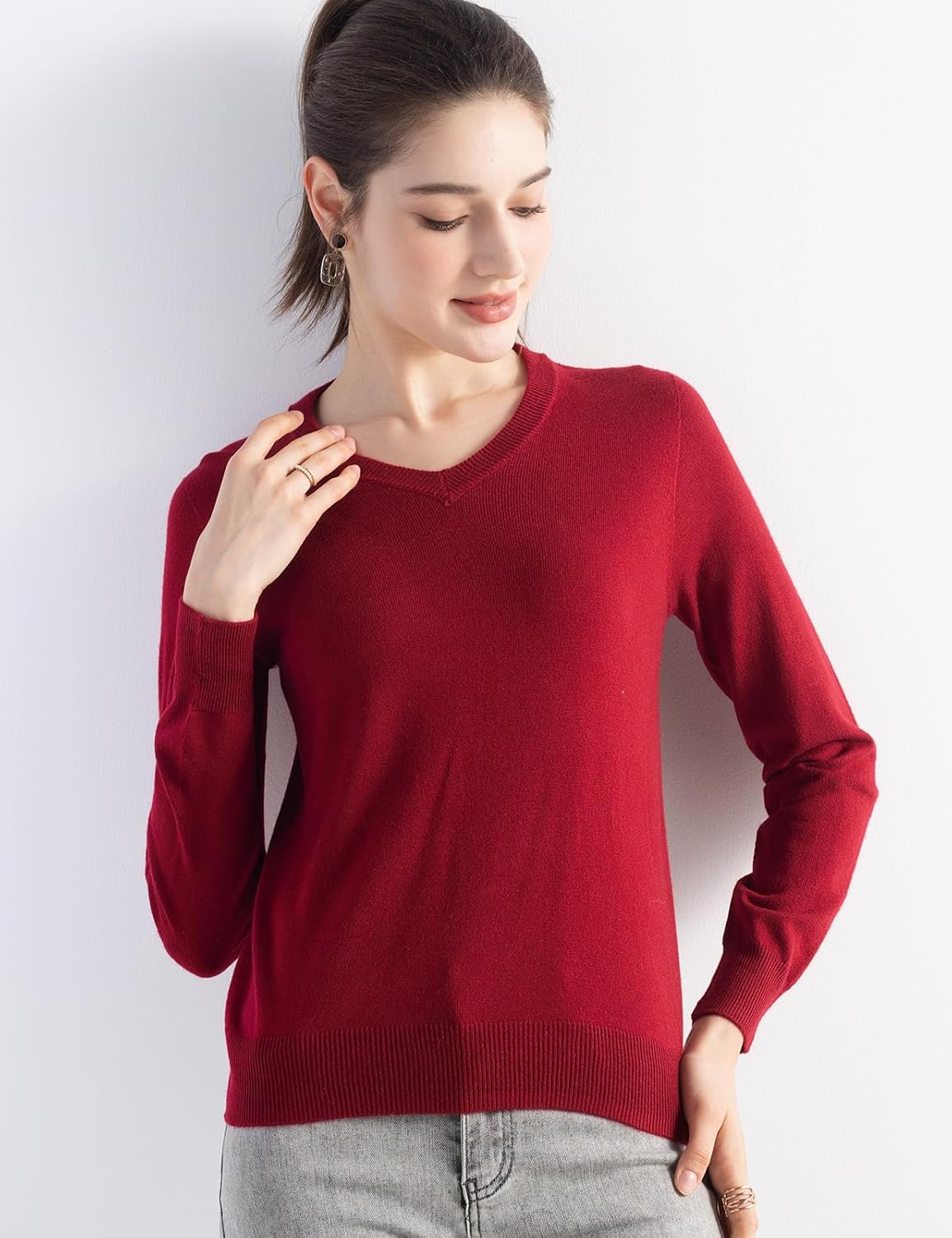 Women's Merino Wool Blend Sweater Fall Winter V Neck Long Sleeve First-Line Ready to Wear Seamless Knit Sweater - Image 5