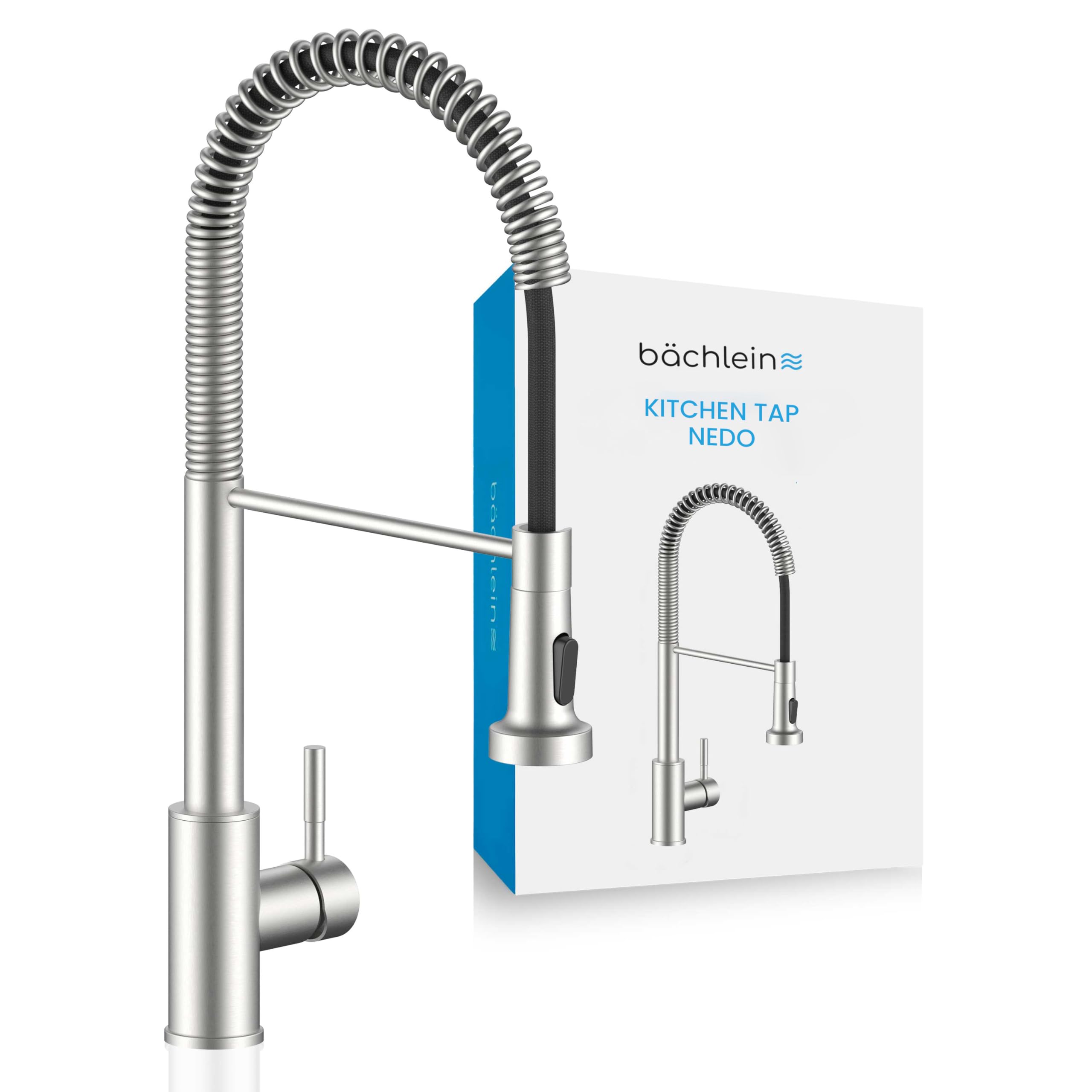 Bächlein Kitchen Faucet 360 Degree Swivel (Brushed Stainless Steel) - One-Hand Stainless Steel Sink Mixer with Flexible Neck and Shower with Switch Button, Water Tap for the Kitchen