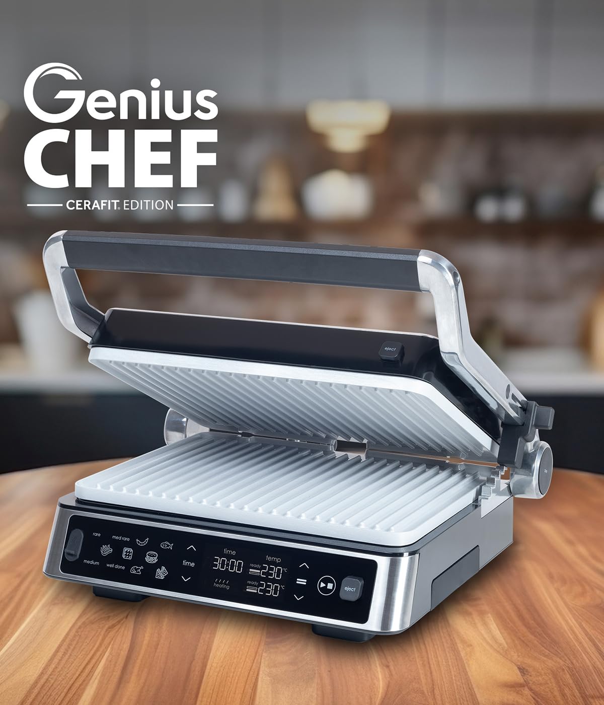 Genius Chef Kontaktgrill, Elektrogrill Edelstahl für Sandwiches Steak, abnehmbare Grillplatten, Sandwichtoaster, inkl. 2 Grillplatten, Set 6- tlg, Grau
